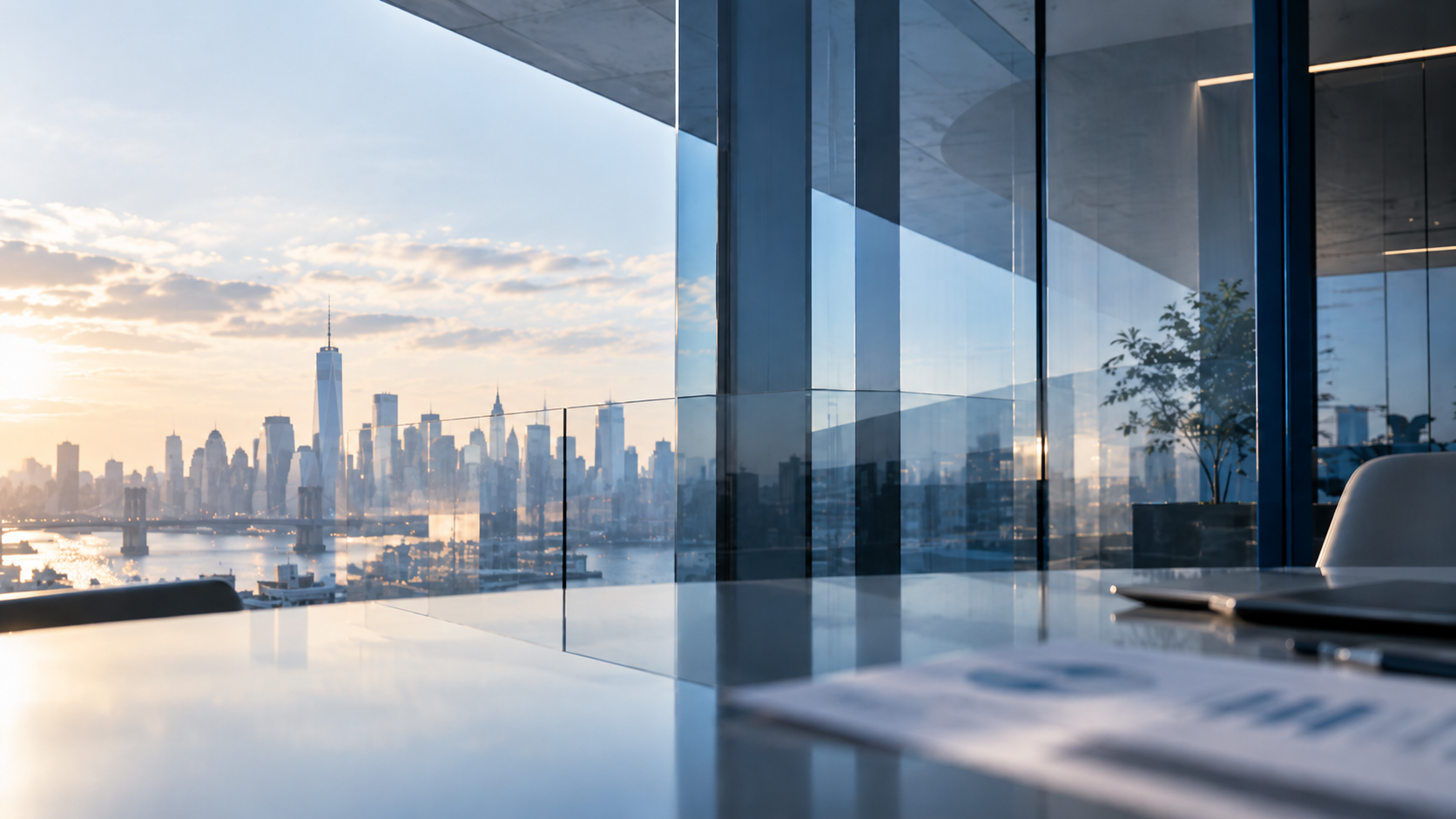 Glass Office Overlooking Manhattan at Sunrise